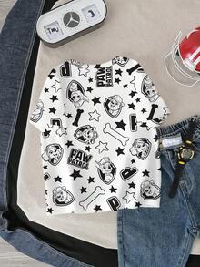 SHEIN | PAW Patrol 男童休闲日常通勤时尚卡通狗和星星字母图案短袖T恤，夏季 - 白色 - 查看 2