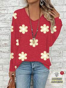 EMERY ROSE Élégant T-shirt rouge vintage chic grande taille pour femmes avec col en contraste léopard et rayé, col en V, manches longues et ajusté. Convient pour Noël, la Saint-Valentin, le Nouvel An