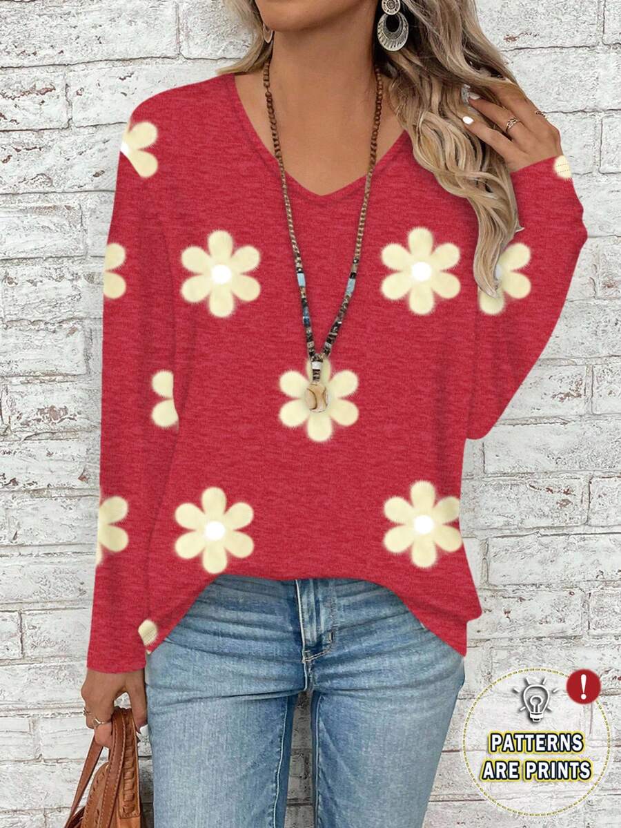 EMERY ROSE Élégant T-shirt rouge vintage chic grande taille pour femmes avec col en contraste léopard et rayé, col en V, manches longues et ajusté. Convient pour Noël, la Saint-Valentin, le Nouvel An