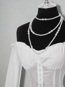 SHEIN ICON 女士露肩长袖花卉提花连衣裙，荷叶边下摆和腰部拼接设计 - 白色 - 查看 5