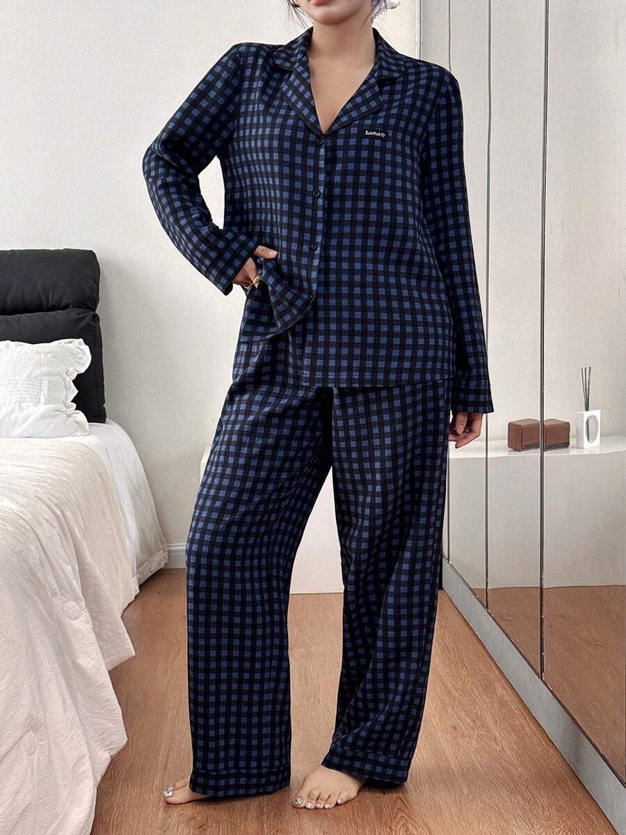 SHEIN 女士休闲宽松格子翻领长袖睡衣套装，秋冬服装 - 彩色 - 查看 1