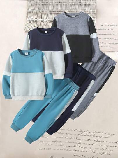 SHEIN 6件套男童休闲运动学院风街头时尚撞色卫衣+长裤，适合日常穿着、上学、外出、运动、春秋季节。为小男孩提供多种穿搭组合，简约时尚的设计兼顾舒适性和休闲时尚感。保暖内衬。