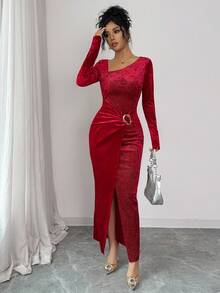 SHEIN Elenzya Women's Elegant Burgundy Metallic Patchwork Long Sleeve Dress,Autumn Dining Christmas Party New Year Holiday Vintage Fitted Formal Dress - Red - View 9