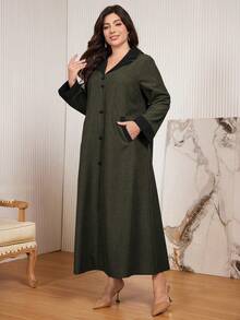 Al Najma 休闲撞色纽扣装饰长袖宽松常规版型大码连衣裙，春秋季 - 彩色 - 查看 4