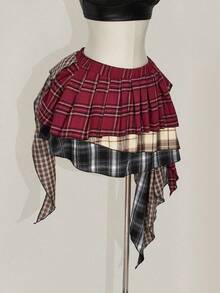 SHEIN ICON Falda plisada de talla grande con patchwork a cuadros asimétrico - Multicolor - Ver 5