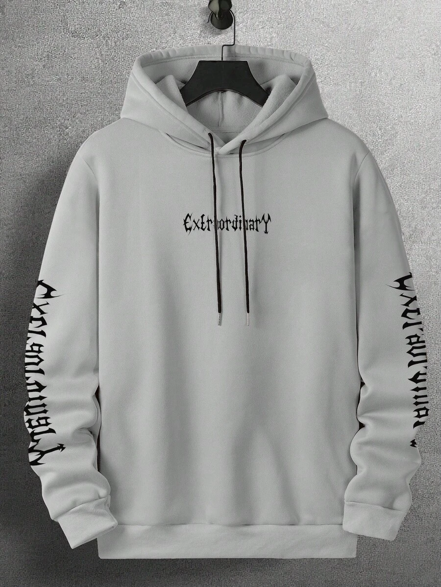 EURMUSE Men's Gothic English Print Hooded Sweatshirt, Street Style - Grey - View 1