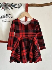 LMoss Kids LMoss 女婴针织格子休闲连衣裙，圣诞连衣裙，女婴圣诞服装，红色连衣裙，长袖连衣裙，冬季连衣裙，秋季连衣裙，舒适的秋冬款式 - 紅色 - 查看 7