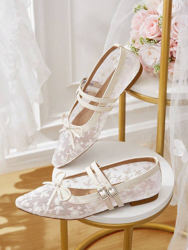 CUCCOO HITCHD White Square Toe Flat Mesh Fabric Women Outdoor Casual Comfortable Breathable Strap Flat Shoes, Spring Shoes, Spring Break, Easter For Christmas