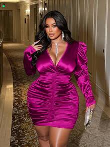 NU&NOW Plus Size Solid Color Cross Wrap Long Gigot Sleeve Ruched Bodycon Dress - Hot Pink - View 5