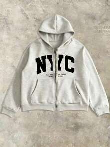 Manfinity Dauomo 男士休闲字母印花连帽卫衣，秋冬 - 淺灰色 - 查看 3