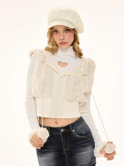 J-Fashion Women's Fashion Faux Fur Hooded Sleeveless Jacket