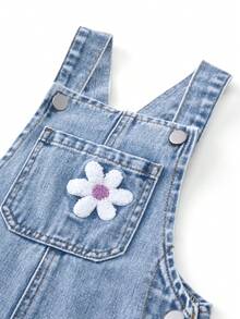 Young Girl Floral Embroidered Denim Bib Pants 90s Kids Outfit Young Girl Y2k Outfits - Light Wash - View 8