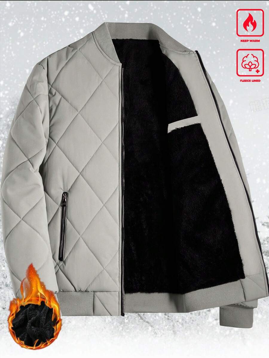 Manfinity Homme 宽松男士棒球领拉链绗缝外套 男士夹克 冬季绗缝夹克 男士保暖内衬夹克 男士外套 男士外衣 复古风格，日常休闲，周末旅行，户外活动，探险旅行，轻松的工作环境或半正式场合，男友/丈夫礼物，周年纪念/生日礼物，派对，圣诞节，新年礼物 - 杏色 - 查看 1