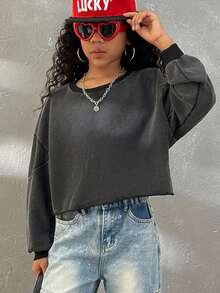 Coolane Tween Girl Dark Grey Autumn Streetwear School Fall/Winter,Casual Solid Color Round Neck Loose Boxy Cropped Washed Sweatshirt,Christmas,Thanksgiving - Dark Grey - View 3