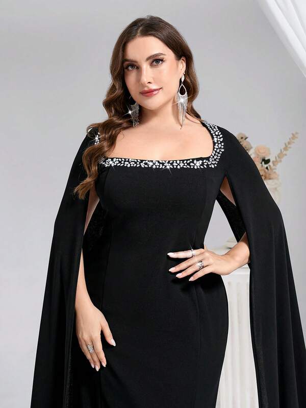 Coutiva Plus Size Women Rhinestone Decor Extra Long Sleeve Elegant Formal Evening Gown