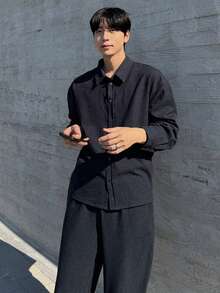 DAZY 纹理面料藏蓝色男士短袖衬衫套装，秋季 - 藏蓝色 - 查看 9