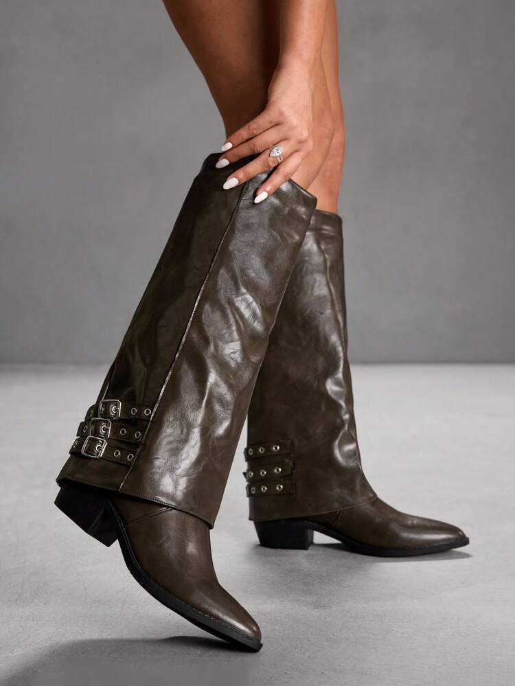 CUCCOO SZL Bottes hautes marron automne/hiver pour femmes, bottes longues à talon épais avec décoration boucle métallique mode, bottes de cavalière rétro chic et élancées