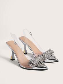 Enchnt 2025 年秋冬女士水钻蝴蝶结装饰尖头细高跟 PVC 鞋，适合优雅迷人的派对和情人节舞会，优雅，女士浅口鞋 - 銀色 - 查看 2