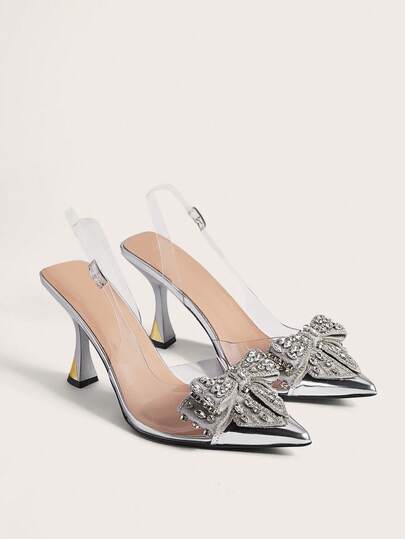 Enchnt Zapatos de tacón alto de punta fina con decoración de lazo de rhinestone para mujer, para fiestas elegantes y encantadoras, y baile de San Valentín, Elegante, Tacones para mujer, Otoño/Invierno 2025