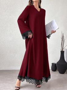 Al Najma 女士优雅派对撞色蕾丝边阿拉伯风格连衣裙 - 酒紅色 - 查看 7