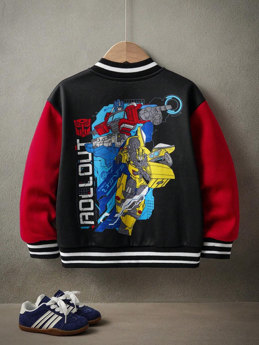 Transformers X SHEIN 男童机器人印花拉链领撞色长袖针织户外运动休闲棒球夹克 - 彩色 - 查看 1