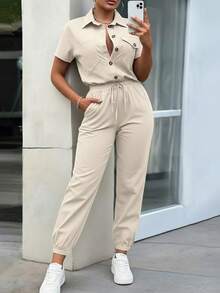 EMERY ROSE 女式纽扣装饰口袋宽松上衣搭配束腰连体裤，优雅，春夏