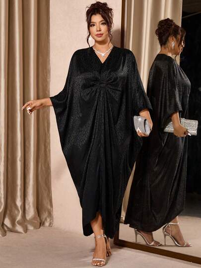 Cravure Vestido de moda holgado con cuello en V, mangas de murciélago y estampado de leopardo para mujer de talla grande