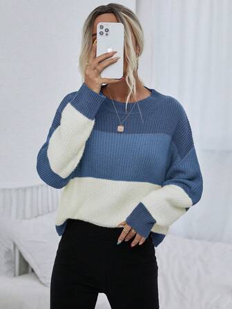 EMERY ROSE Color Block Drop Shoulder Sweater,Long Sleeve Tops Knit Pullover Fall Winter Outfit