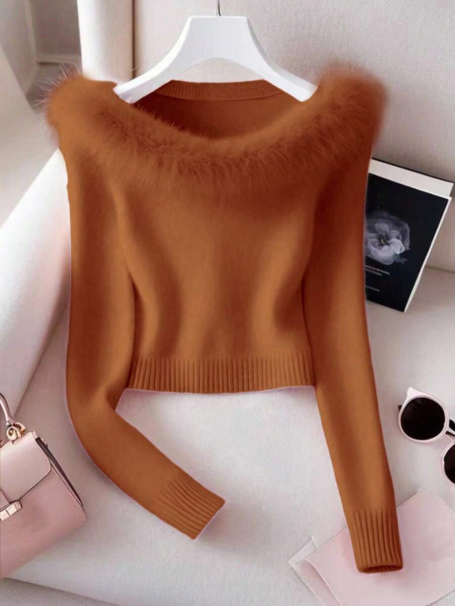 Franclia Áo len cổ lông chắp vá màu trơn đơn giản dành cho nữ - Rỉ Nâu - Xem 1