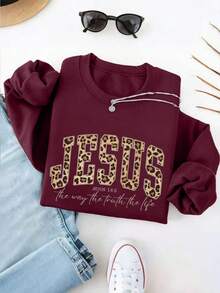 INAWLY Sudadera casual de mujer con estampado de leopardo y gráfico de letras en cuello redondo - Rojo - Ver 3