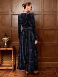 Aalyst 女士优雅高端正式办公通勤休闲婚礼宾客连衣裙，纯色丝绒面料，V领，松紧腰，喇叭下摆，皮带装饰，长袖，及地长裙 - 藏蓝色 - 查看 2