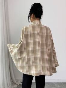 Elenzga Women's Apricot Wool Blend Stand Collar Button Decor Loose Waist Belt Design Elegant Street Style Travel Atmosphere Winter New Versatile Fashion Luxury Plaid Jacket - Multicolor - View 2