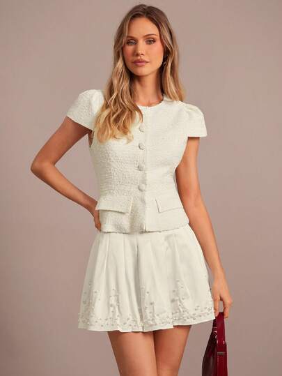 Enchnt 女士圆领插肩袖单排扣优雅粗花呢衬衫