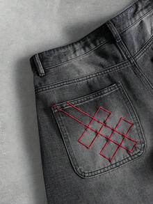 ROMWE MEN Street Life Quần Jeans Nam Dáng Rộng Thêu Họa Tiết - Màu xám đen - Xem 3