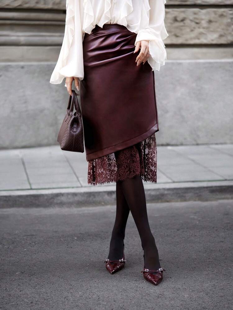2026SS Spring/Summer Apparel, Deep Burgundy Lace Fabric, Asymmetrical Lace PU Skirt, Elegant & Sophisticated Urban Casual Business Attire, Low-Key Refined Vibe, Airport/Cruise Wear, Versatile Layering Piece, Party & Christmas