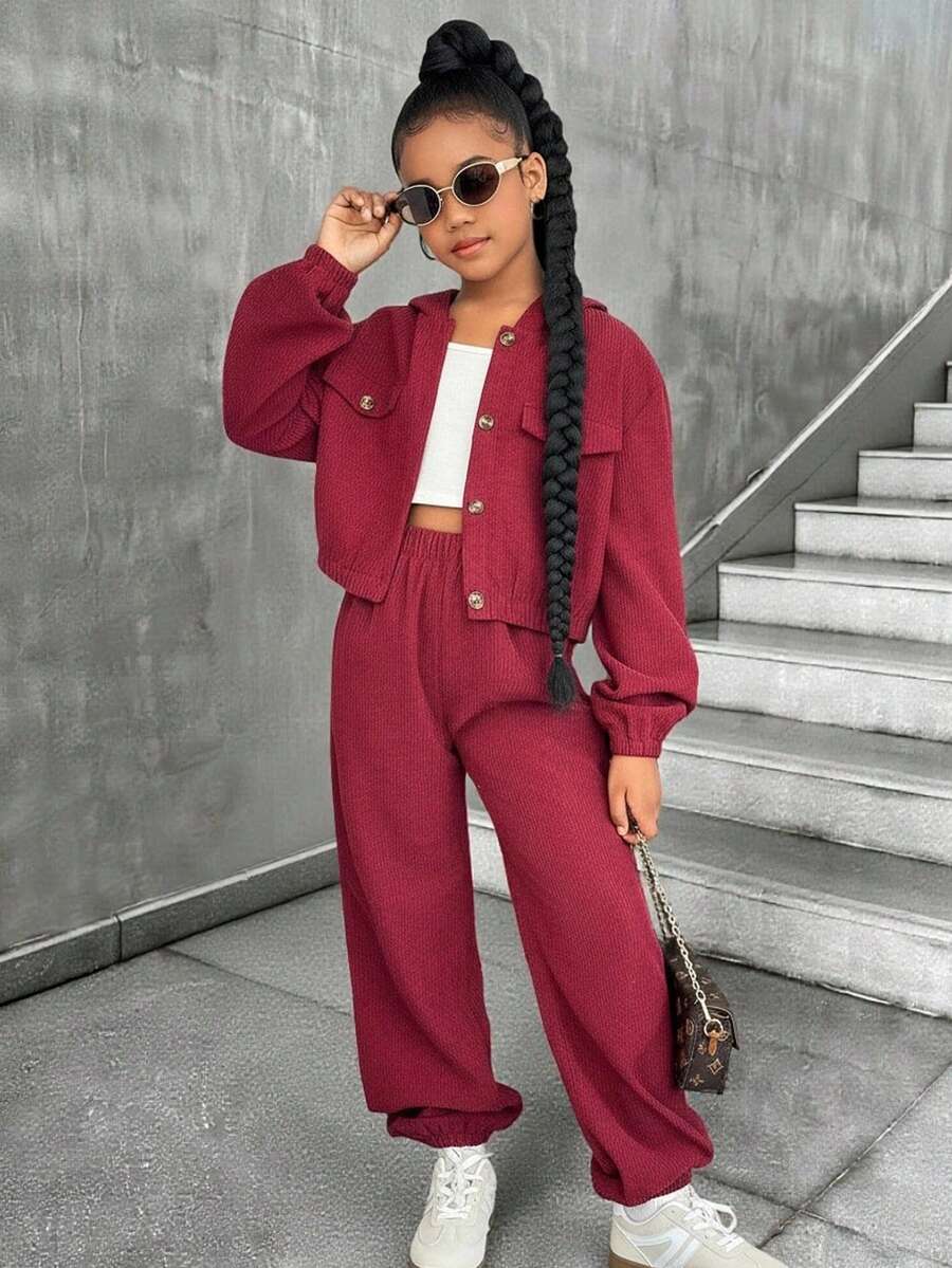 SHEIN Sparklyn 2pcs Girls Casual Long Sleeve Hooded Top And Pants Set, Spring/Autumn - Burgundy - View 1