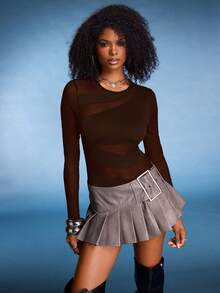 Normani Summer Black Round Neck Sexy See-Through Hollow Out Net Patchwork Asymmetrical Bodysuit For Women - Coffee Brown - View 6