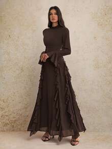 SHEIN Tall 女士优雅咖啡棕色长袖高领荷叶边下摆连衣裙，适合约会、派对、正式场合、秋冬季 - 咖啡棕 - 查看 4