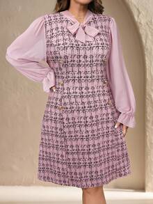 Chikora Plus Size Women Chiffon Sleeve Splice Faux Tweed Knit Print Dress, Metal Button Color Block Elegant Business Commute, Autumn/Winter - Pink - View 4