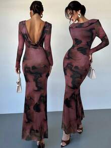 Firerie Women's Burgundy Coffee Color Wavy Print Long Sleeve Backless Dress,Seductive Autumn Mesh Lining Fishtail Hem Elegant Night Out Party Wedding Dress - Brown - View 1