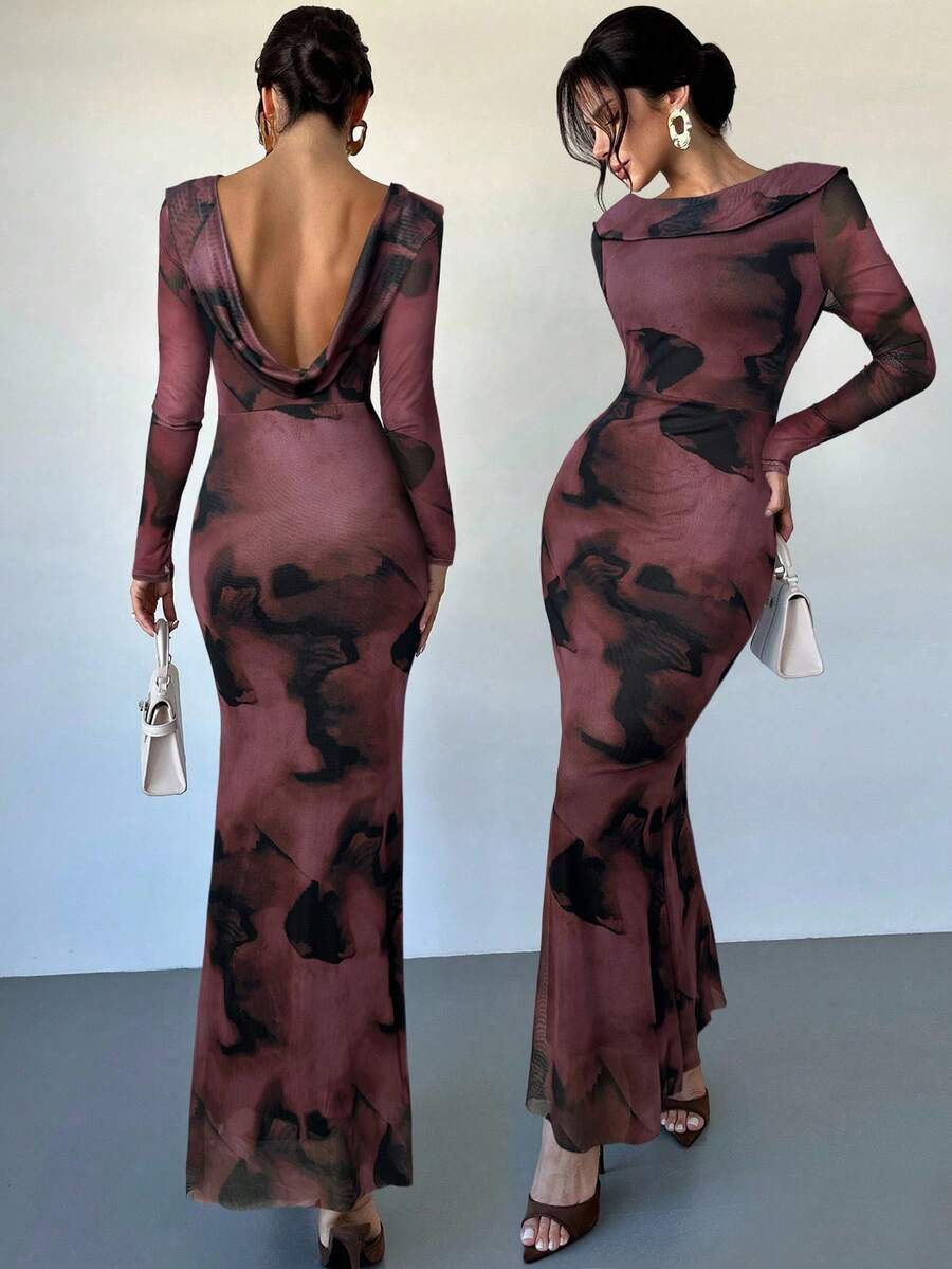 Firerie Women's Burgundy Coffee Color Wavy Print Long Sleeve Backless Dress,Seductive Autumn Mesh Lining Fishtail Hem Elegant Night Out Party Wedding Dress - Brown - View 1