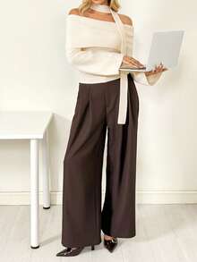 Ritzy Row Women's Winter Christmas Outfits, Christmas And New Year's Clothing, New Year's Eve White Clothing, Women's New Year's White Tops, Women's Off-Shoulder Large Lapel Ribbed Knit With Scarf, Fashionable Women's Sweaters, Elegant Women's Sweaters, Simple Women's Sweaters, Casual Women's Sweaters, Holiday Parties, Spring Women's Clothing, Autumn And Winter Women's Clothing, Winter Women's Clothing, Bell Sleeves, Long Sleeves, Slim Fit, White And Beige Women's Pullover Sweaters - Beige - View 5