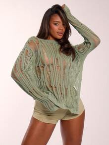 MUSERA Pulover asimetric tricotat cu aspect uzat, bluze cu mânecă lungă, vacanță, vară, Y2k, grunge, festival, boho, concert, Ibiza, supradimensionat, aeroport, toamnă, iarnă, întâlnire, Crăciun, serviciu, birou, petrecere, Ziua Recunoștinței, șic