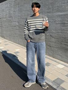 DAZY 男士纯色水洗复古风牛仔裤，秋季款 - 藍色 - 查看 6