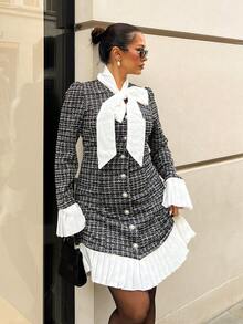 NegzBox Women's Autumn/Winter Bowknot Neck Colorblock Plaid Pleated Short Dress Fall Cloth For Women - Black and White - View 5