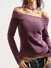 Bohemela 女士休闲纯色针织露肩长袖T恤 冬季女装 圣诞节 圣诞女装 红色上衣 新年 新年女装 红色衬衫 女士红色上衣 休闲女装 - 酒紅色 - 查看 3