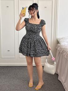 CovetEZ Plus Size Ditsy Floral Casual Romper, Spring/Summer - Multicolor - View 5