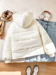 SHEIN 少女款加厚羽绒服，黑色长袖连帽，前拉链，罗纹袖口，保暖内衬，休闲百搭，适合秋冬季外出、购物、度假、通勤，可搭配上衣、连帽衫、牛仔裤、运动裤。 - 杏色 - 查看 2