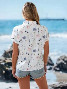 Sylviya 女式休闲优雅蓝色花卉印花 V 领纽扣衬衫，夏季