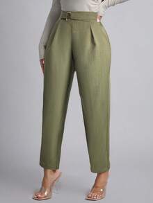 PETITE Pantalones negros casuales de cintura alta con detalles plisados y cinturón - Verde militar - Ver 5